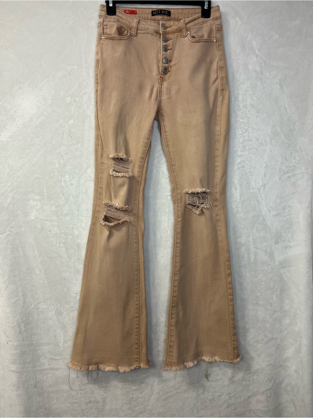 Hot Kiss Beige Distressed Flare Jeans with Button Front